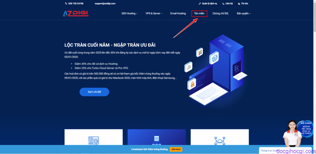 Cách mua tên miền website - Chọn Tên Miền từ menu