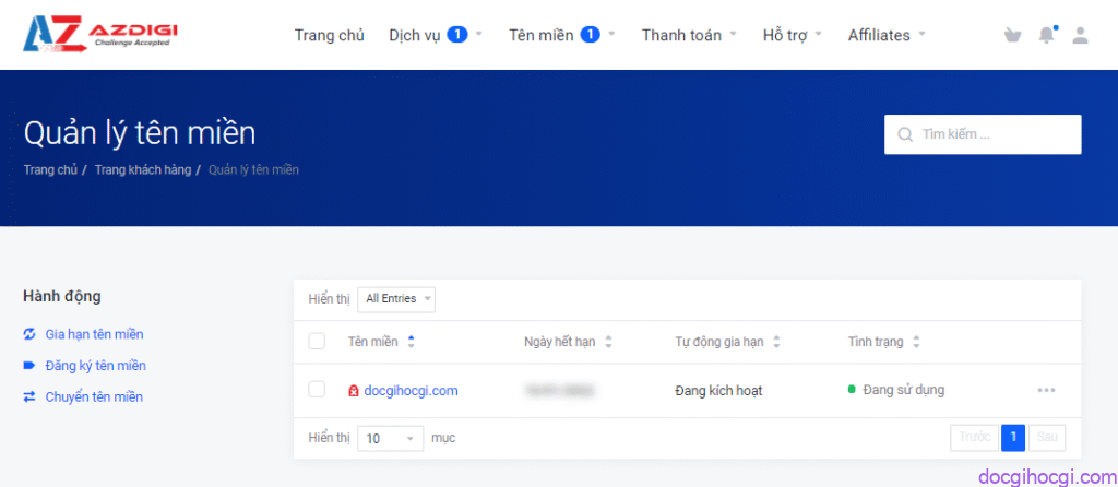 Cách mua tên miền website - đăng nhập Azdigi