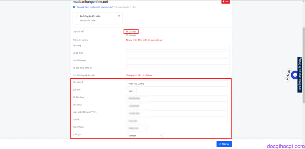 Cách mua tên miền website - nhập thông tin cá nhân