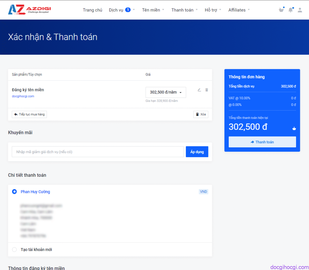 Cách mua tên miền website - Xác nhận