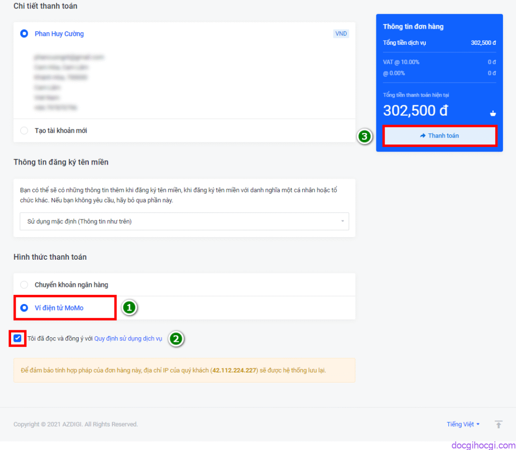 Cách mua tên miền website - Thanh toán